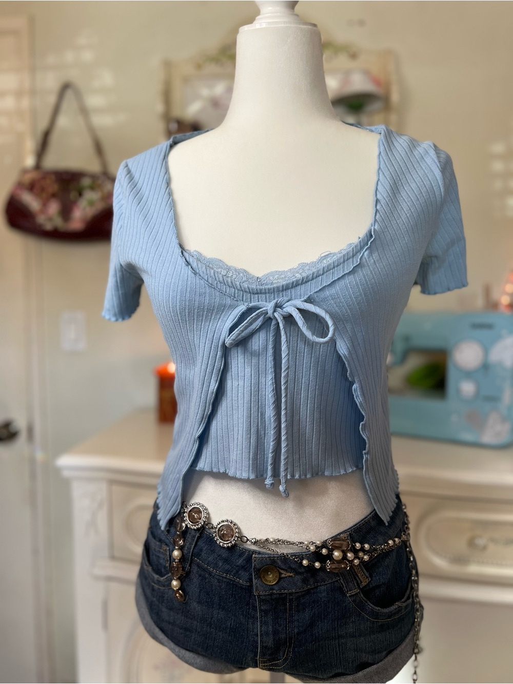 Cropped Tie-Front Ribbed Top in Light Blue